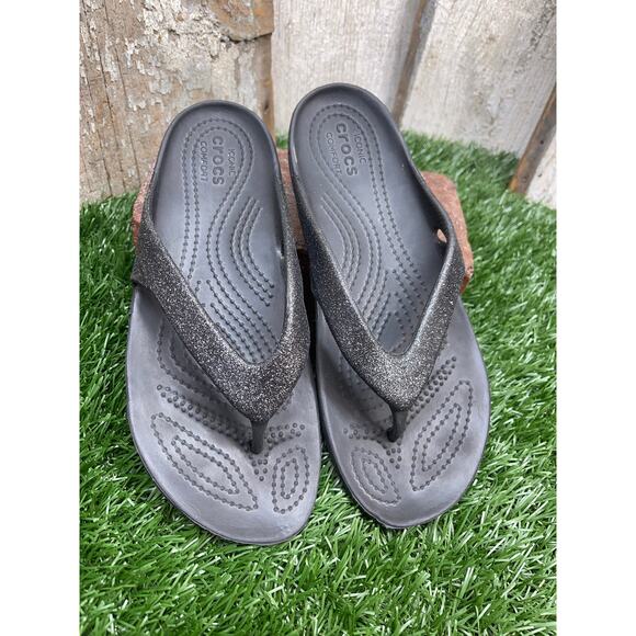 CROCS Kaydee Flip Flops Black Glitter Women's 6 - Picture 2 of 4